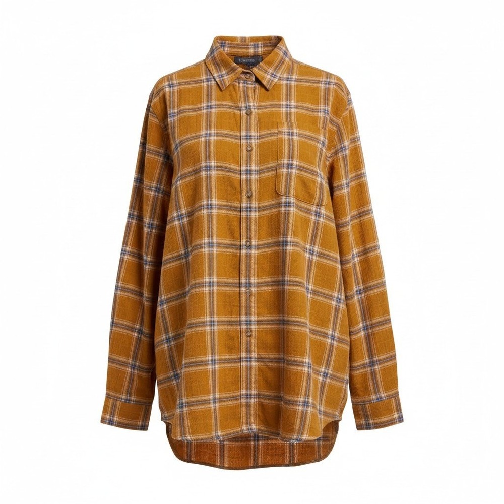 Eddie Bauer Plaid Button Down Shirt Womens XL Mustard Yellow Gingham Classic Fit